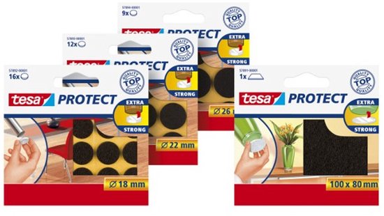 Verpakkingen Tesa Protect: 9x 26mm rond, 9x 22mm rond, 1x 100x80mm rechthoek.