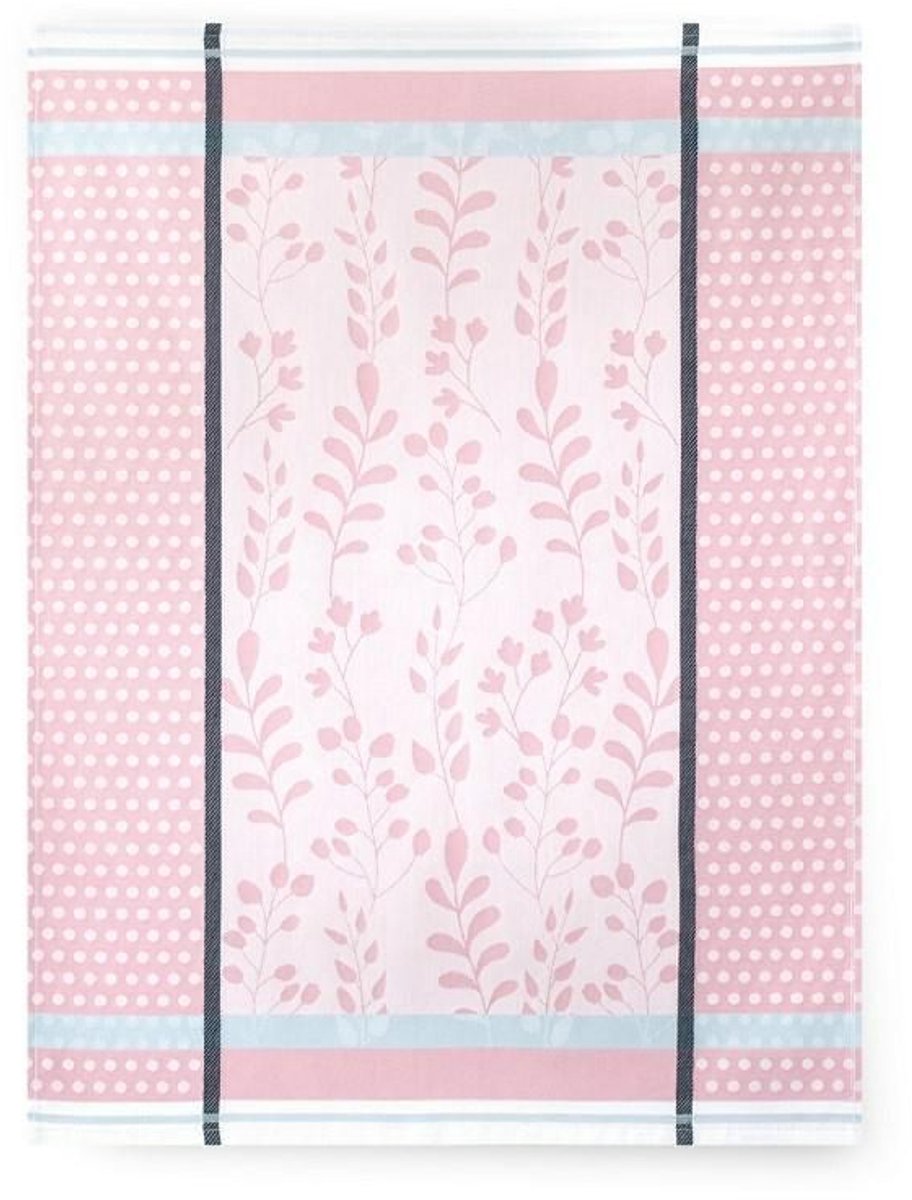 Zwoltex Flora Serie - Theedoek - Roze Bladeren en Stippen - 50x70 cm - Ultrasoft