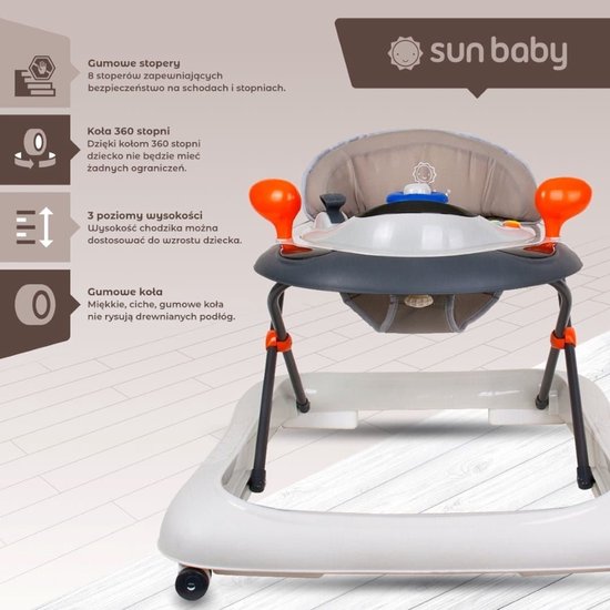 sun baby Loopstoel, baby walker vanaf 6 maanden, verstelbare hoogte, rubberen wielen - Grijs van Sun Baby — afbeelding 4