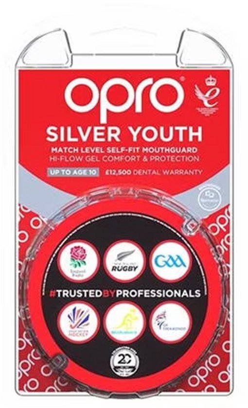 Verpakking van de Opro Silver Youth Mouthguard met logo's en de tekst 'Trusted by Professionals'.