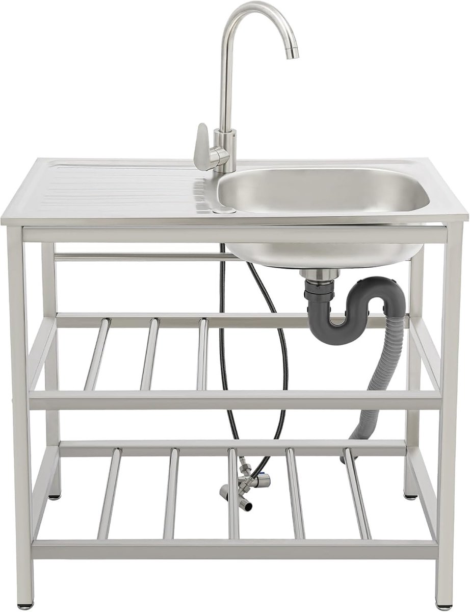 Keukenspoelbak met onderkast - Vrijstaande spoelbak - Buitenkeuken en horeca - Roestvrij staal met 2 niveaus - 75x40x78 cm - Zilver