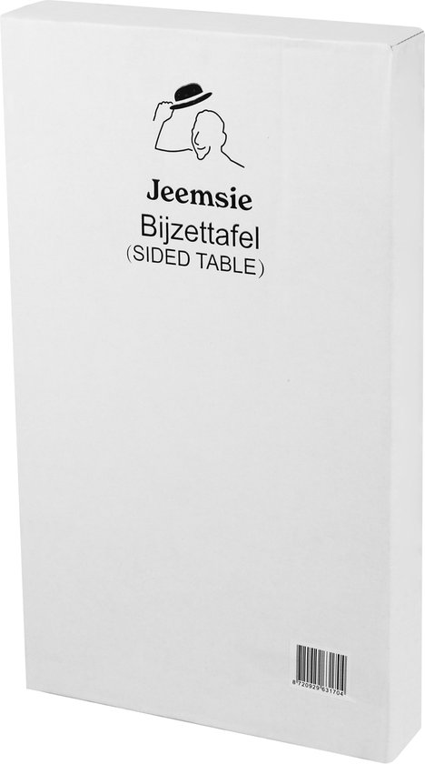 Witte verpakking van de Jeemsie bijzettafel, met logo en tekst.