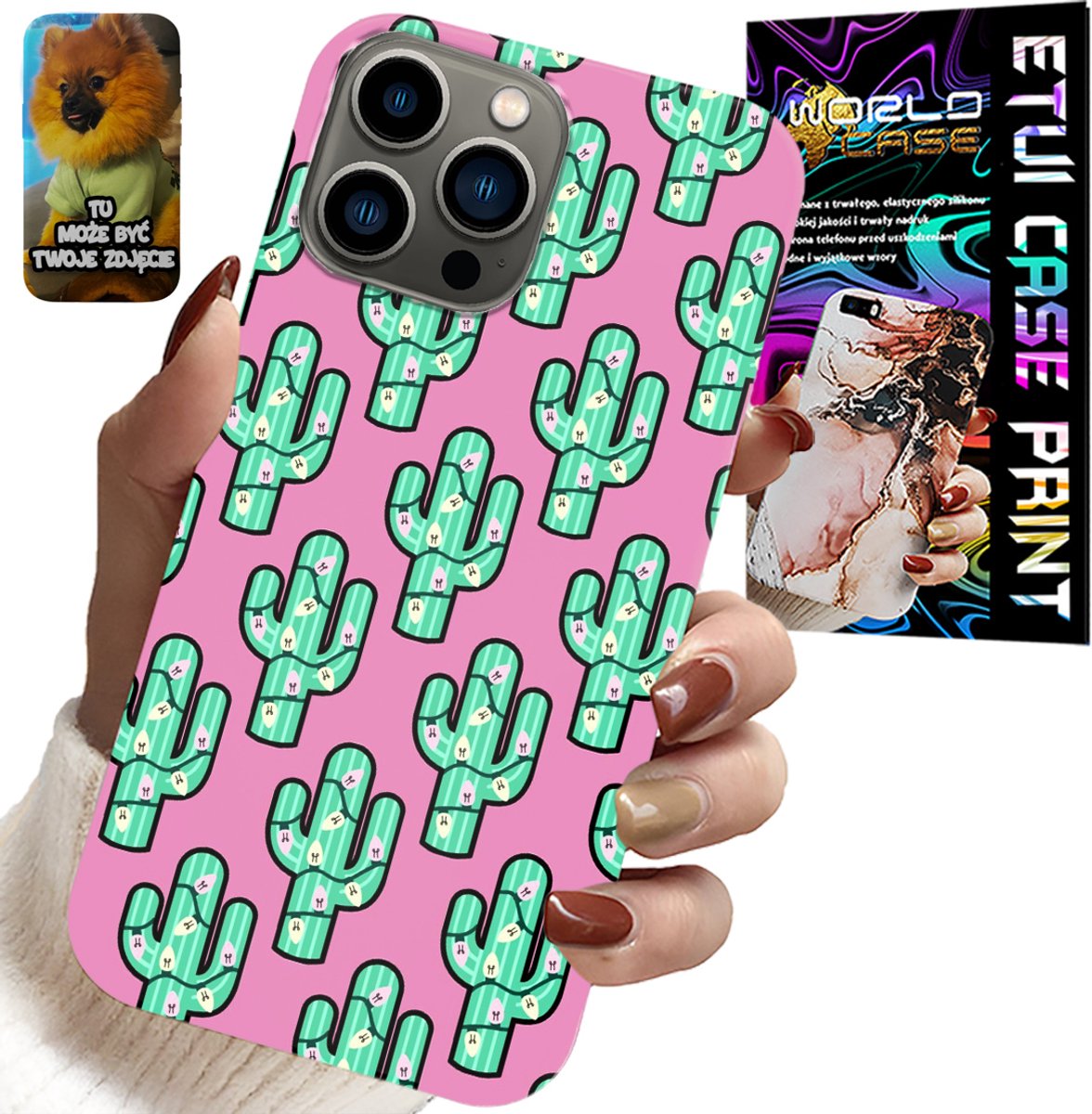 HOESJE VOOR IPHONE 13 PRO - CACTUSSEN, CACTUS OP EEN ROZE ACHTERGROND + FOLIE
