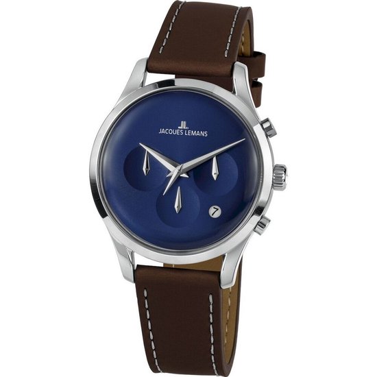 Zilverkleurig herenhorloge met blauwe wijzerplaat, zilverkleurige wijzers en bruine leren band.