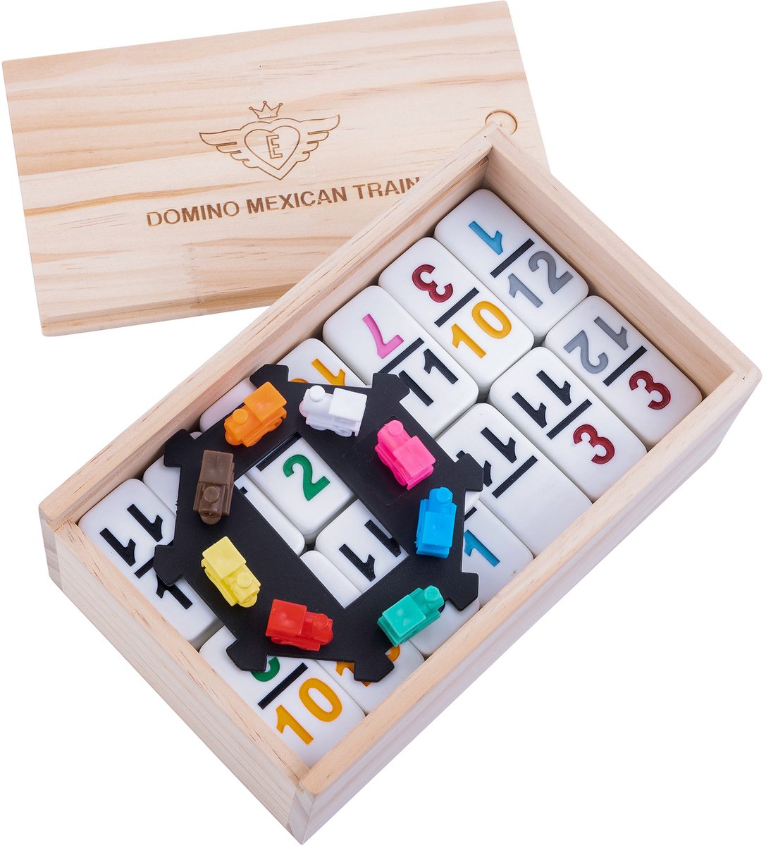 Domino Dubbel 12 Nummers Mexican Train – 91 Stenen met Gekleurde Nummers – Houten Kist met Schuifdeksel – Inclusief Station & Treinen – Strategisch Familiespel – Engelhart — afbeelding 6