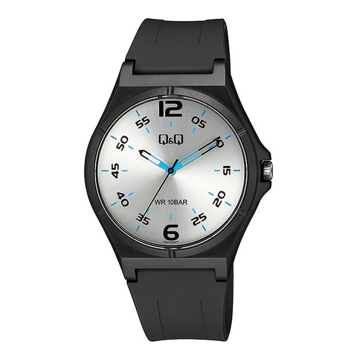 QQ V04A-004VY - Horloge - Sport - Analoog - Unisex - Plastic band - Rond - Cijfers - Kunststof - Zwart - Zilverkleurig - 10 bar waterdicht