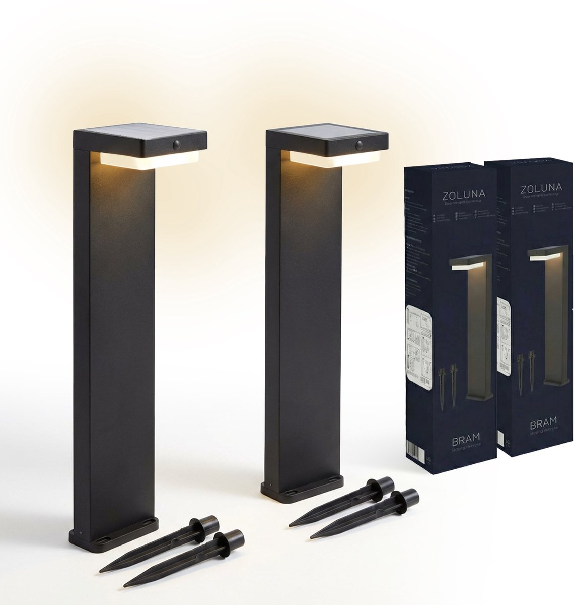 ZOLUNA Tuinverlichting op zonne energie BRAM Set van 2 - Bewegingssensor - USB Oplaadbaar - 24 Branduren - 400 Lumen - Warm Wit - 52 CM
