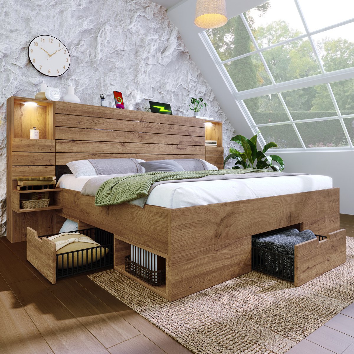Houten bed – tweepersoonsbed – afmetingen 160 x 200 cm – voorzien van led-verlichting onder het bed en USB Type-C – verlichte nissen – zwevende nachtkastjes – opbergruimte onder het bed met lades – eikenhouten look – zonder matras
