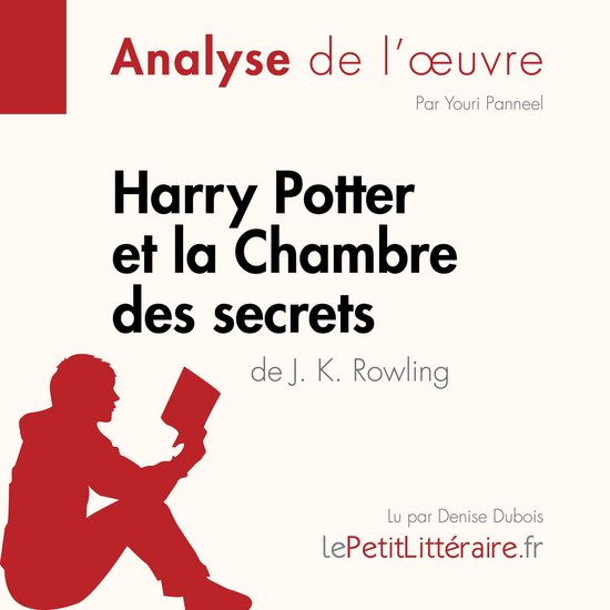 Analyse de l'œuvre Harry Potter et la Chambre des secrets par J. K. Rowling, avec silhouette rouge d'une personne lisant.