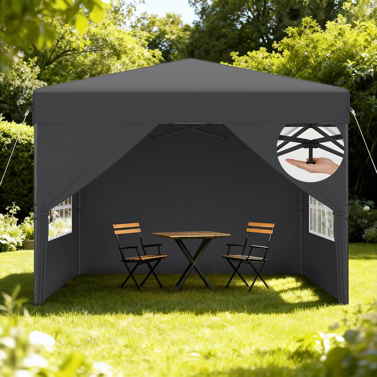 Aufun Pop-Up Partytent - 2.5 X 2.5 M - Antraciet - Stof Met Vierzijdige Rand - Hoogte Verstelbaar Van 240 Tot 260 cm - Opvouwbaar - Stalen Frame - Voor Tuin, Camping, Feest, Bruiloft, Binnenplaats
