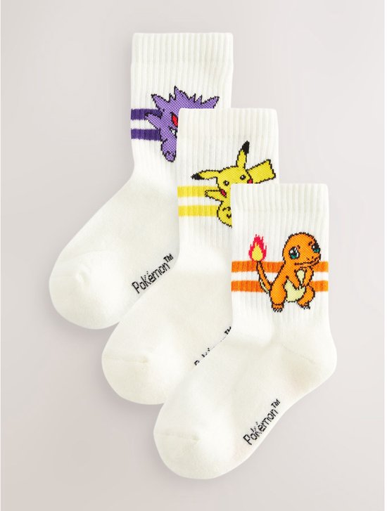 Set van 3 witte Pokémon sokken met Gengar, Pikachu en Charmander.