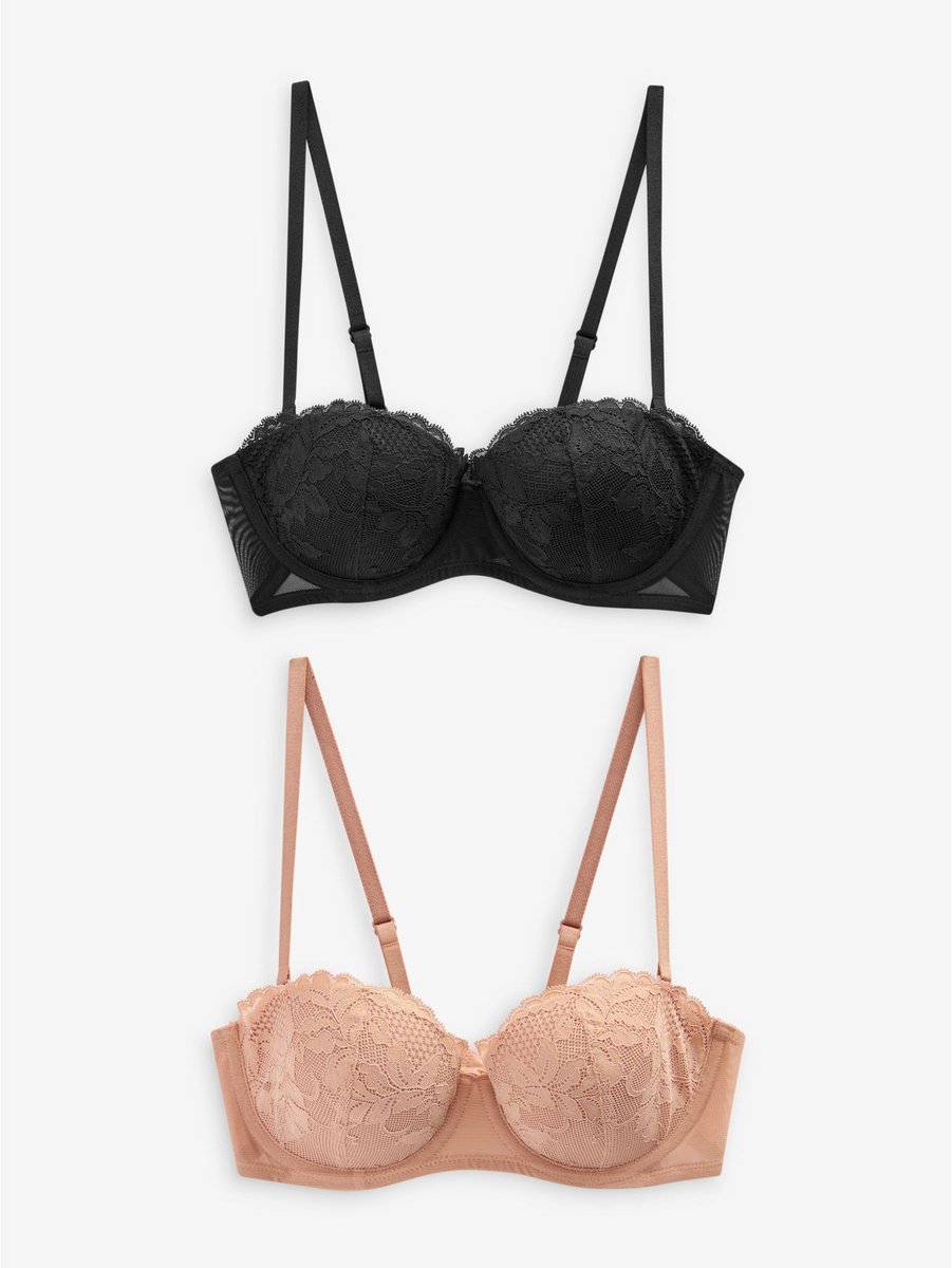 Next Dames - Set van 2 verstelbare strapless A-E beha's met kant en lichte vulling - Zwart Black/Praline Nude