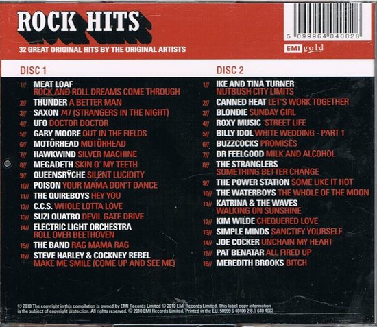 Hoes van Rock Hits compilatiealbum met 'ROCK HITS' in grote letters, onderverdeeld in Disc 1 en Disc 2 met nummers.