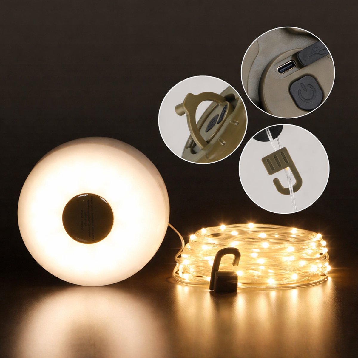 Campinglamp & Slingerlamp 8M – Oplaadbaar 1200mAh – 30 LED – 200 Lumen – Kampeerverlichting – Ophangbaar – Buitenlamp
