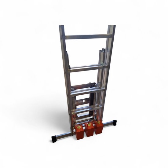 Onderkant van een aluminium ladder met drie rode steunen.