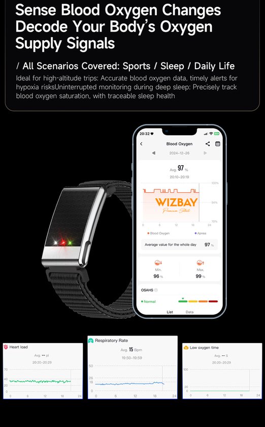 Zwarte slimme armband met stoffen band, toont bloedzuurstof grafiek op telefoon.