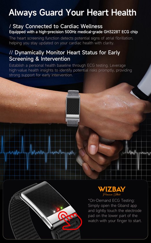 Hand met een zilveren smartwatch met grijze stoffen band, ecg-grafiek.