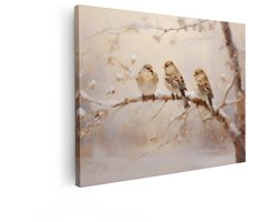 Artaza Canvas Schilderij Mussen Op Tak - 40x30 cm - Wanddecoratie Vogels - Muurdecoratie Winter Natuur - Kamer Accessoires Beige