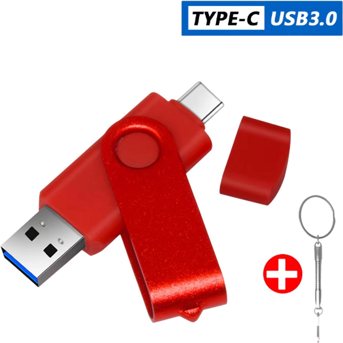 USB-C & USB-A Flash Drive 64GB– USB Stick Type-C – USB 3.0 Hoge Snelheid Geheugenstick – 2-in-1 USB Stick voor Telefoon, Laptop & PC – 360° Draaibaar – Rood