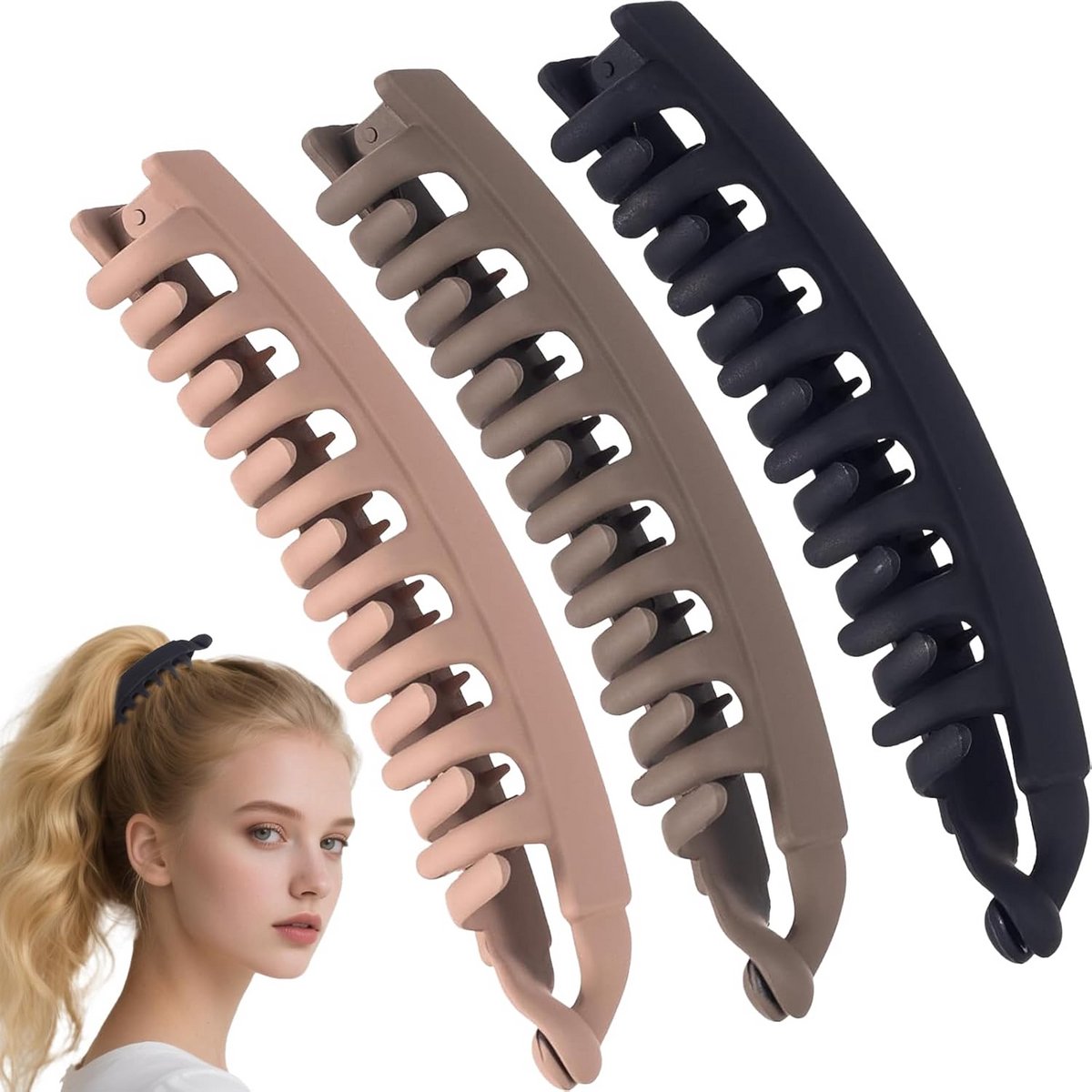 Set van 3 Grote Bananen Haarclips voor Dik Haar - Vintage Vissenstaart Kam Accessoire