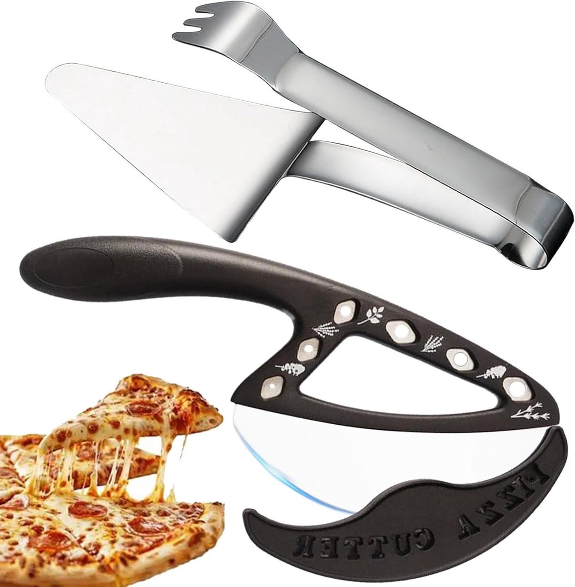 Pizzasnijder Set met Handvat, Roestvrijstaal, Professioneel Pizzames, Pizzaspatel, Weegmes voor Sandwich/Wafel/Crêpe, Vaatwasserbestendig