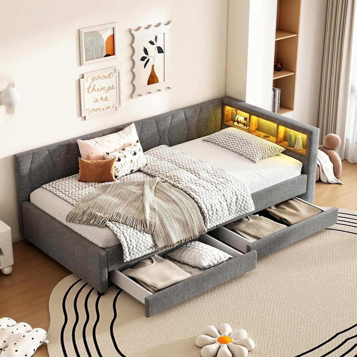 Eénpersoons Bed 90x200 met LED Verlichting, USB & Type C Oplaadpunten, Lattenbodem en Opberglades - Grijze Stoffen Bekleding