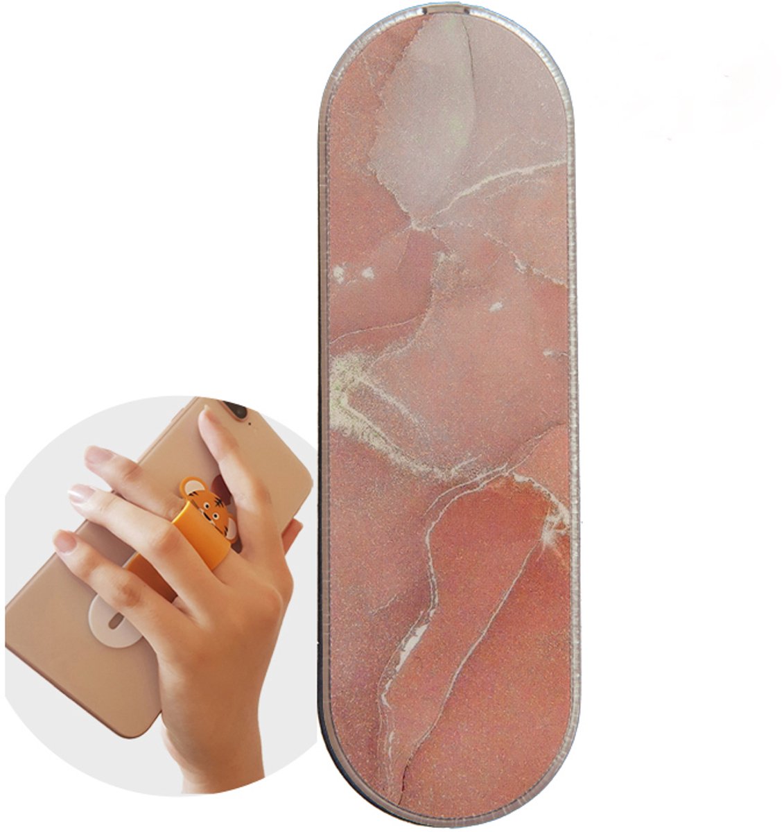 FingerGrip® - verstelbare flexibele GSM vingerhouder / Telefoonring grip / vingerhouder / telefoonring standaard / selfiehouder / telefoonhouder / ringhouder / telefoonstandaard – Marmer Roze