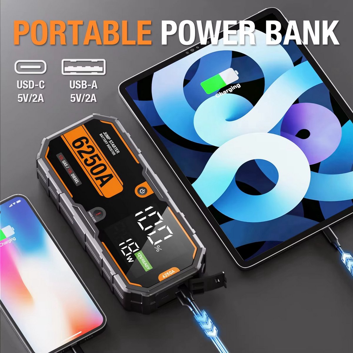 Multisupply - Jumpstarter - Auto 6250A 30000mAh Draagbaar - 12V - Batterij Oplader Booster Startappa²raat Jumpstarter 12V voor Auto – 960 CCA - Boost Pro 8250 – Starthulp met Forcestart, LED-scherm & Powerbank – Incl. Zaklamp & Opbergkoffer – foto 4