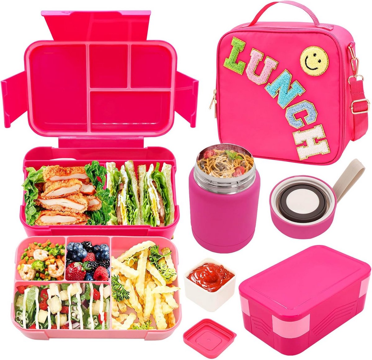Lekvrije Bento Lunchtrommel voor Kinderen met 6 Vakken en Geïsoleerde Thermosfles