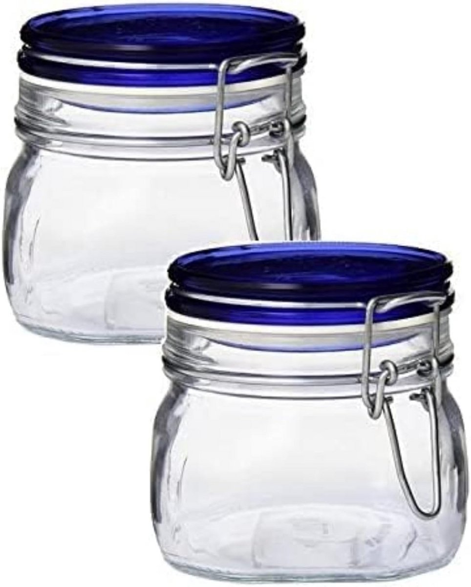Set van 2 Vierkante Glazen Bewaar & Conserveerpotten met Blauwe Deksel - 500 ml Inhoud