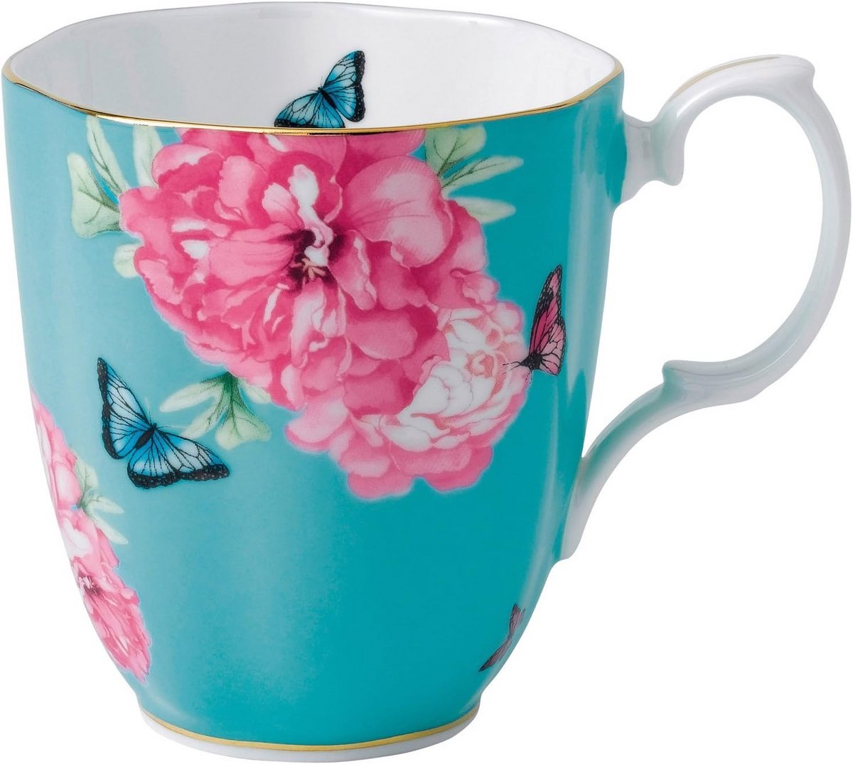 Grote Mok van Fijn Bone China in Turquoise met Bloemendecoratie