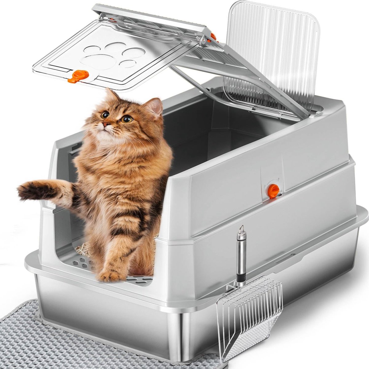 Famanu – Roestvrijstalen kattenbak – 165° Grote Ingesloten Kattenbak met Metalen Kattenschep & Kattenbakmat (Lichtgrijs)
