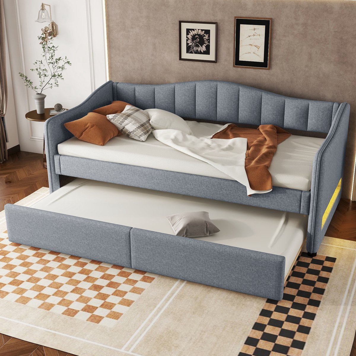 HAUSS SPOLE Dagbed 90x200 cm - Slaapbank met Uittrekbaar Bed - LED Sfeerverlichting - Geschikt voor Gastenkamer - Linnen & MDF - Grijs - Zonder matras