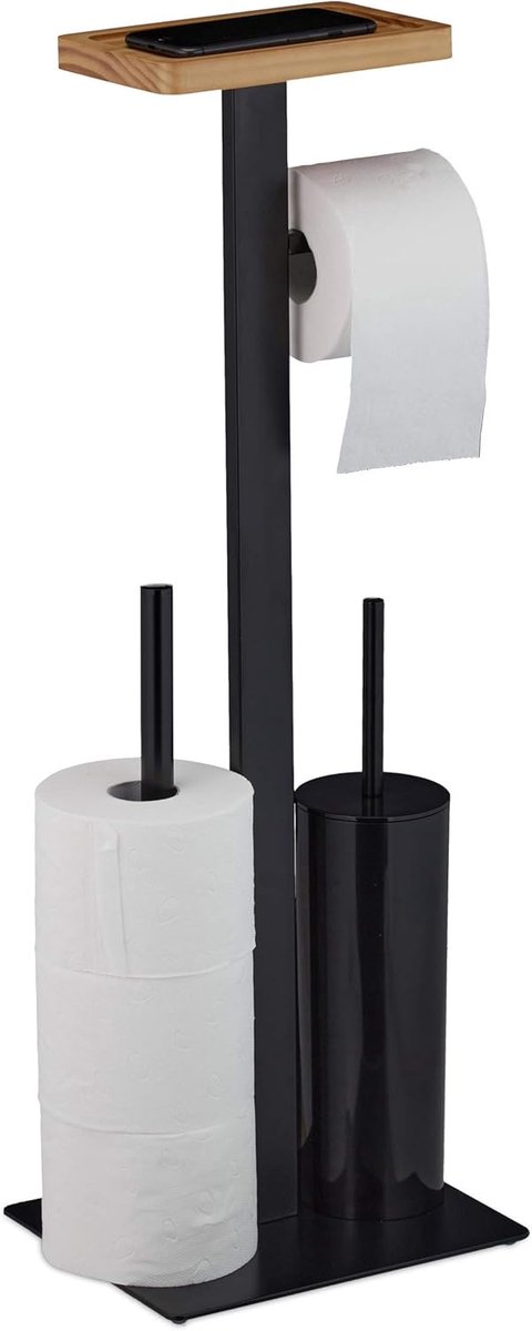 Famanu – Toiletrolhouder met plank en geïntegreerde toiletborstelhouder, staand ontwerp, metaal, zwart