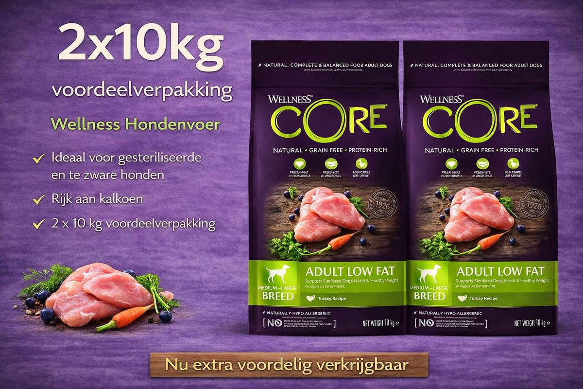 Wellness Core Wellness Core Grain Free Dog Healty Weight Kalkoen - Hondenvoer - 2x 10 kg Voordeelverpakking