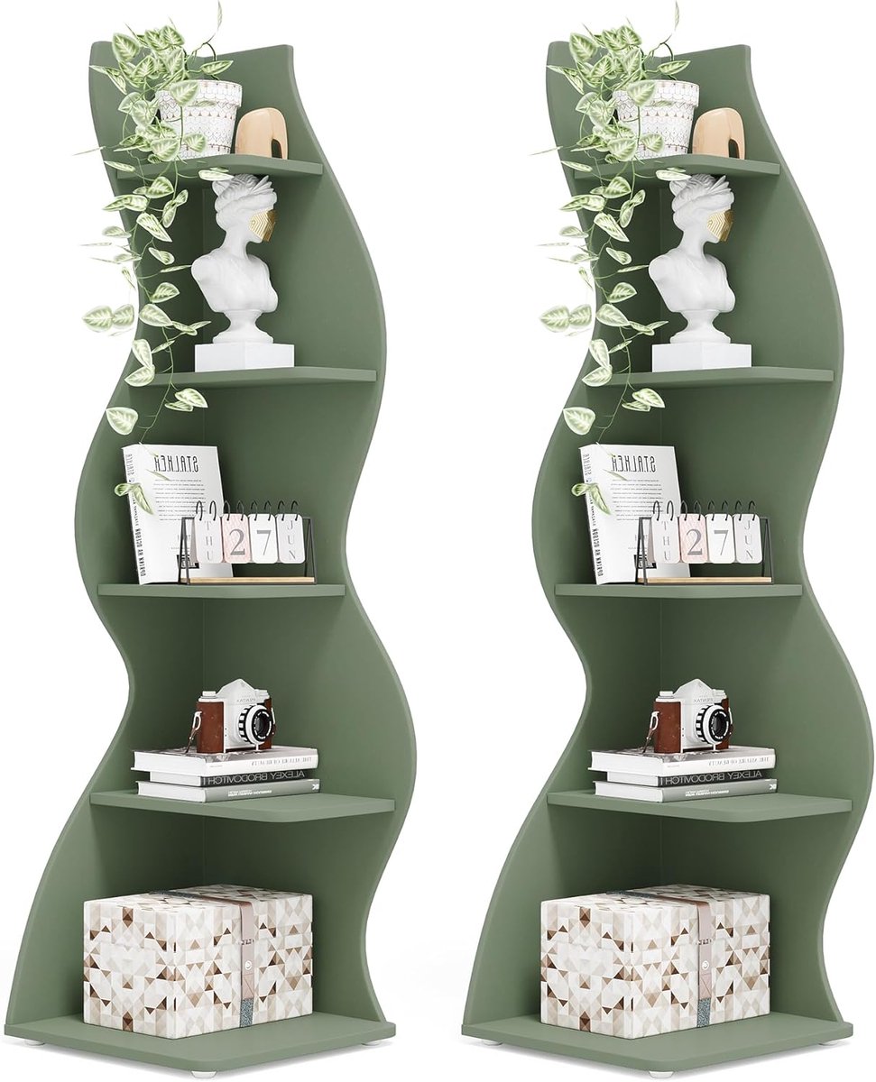 boekenkast -Hoek boekenkast Set van 2 – Casa Velluto 5-Laags Moderne S-vorm Boekenplank & Opbergrek – Stijlvolle Plantenstandaard en Organizer voor Woonkamer, Thuiskantoor – Sage Groen, Zwaar Gebruik, 2 Stuks