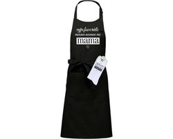 Keukenschort en sokken met tekst - Giftset - Mijn favoriete mensen noemen me mama - Oma cadeau - Moederdag cadeau - Zwart - Verstelbaar - Cadeau idee - Verjaardag - Cadeau dames en heren - Jubileum - Afscheid - Verrassing - Grappig cadeau - Onesize