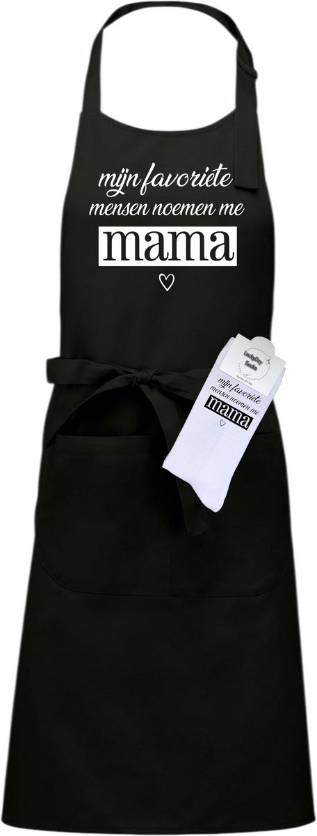 Keukenschort en sokken met tekst - Giftset - Mijn favoriete mensen noemen me mama - Oma cadeau - Moederdag cadeau - Zwart - Verstelbaar - Cadeau idee - Verjaardag - Cadeau dames en heren - Jubileum - Afscheid - Verrassing - Grappig cadeau - Onesize