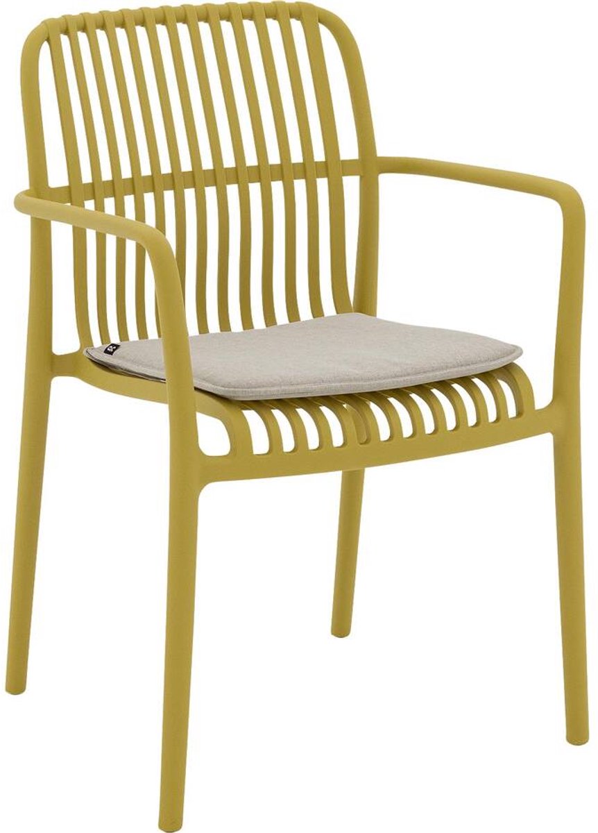 Goossens Tuinstoel Jelke - Kunststof - geel - 57 x 83 x 54 cm - Tuinstoel met armleuning - inclusief kussen - Stapelbaar
