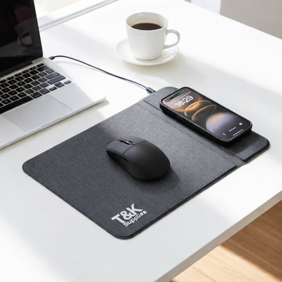 Muismat met Draadloze Oplader 15W – Qi Charger Muismat – Wireless Charging Mouse Pad – Antislip Bureau Muismat – Geschikt voor iPhone & Samsung – TK Supplies ChargeDesk