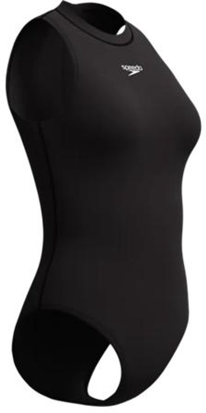 Zwart Speedo sportbadpak zonder mouwen met hoge hals.