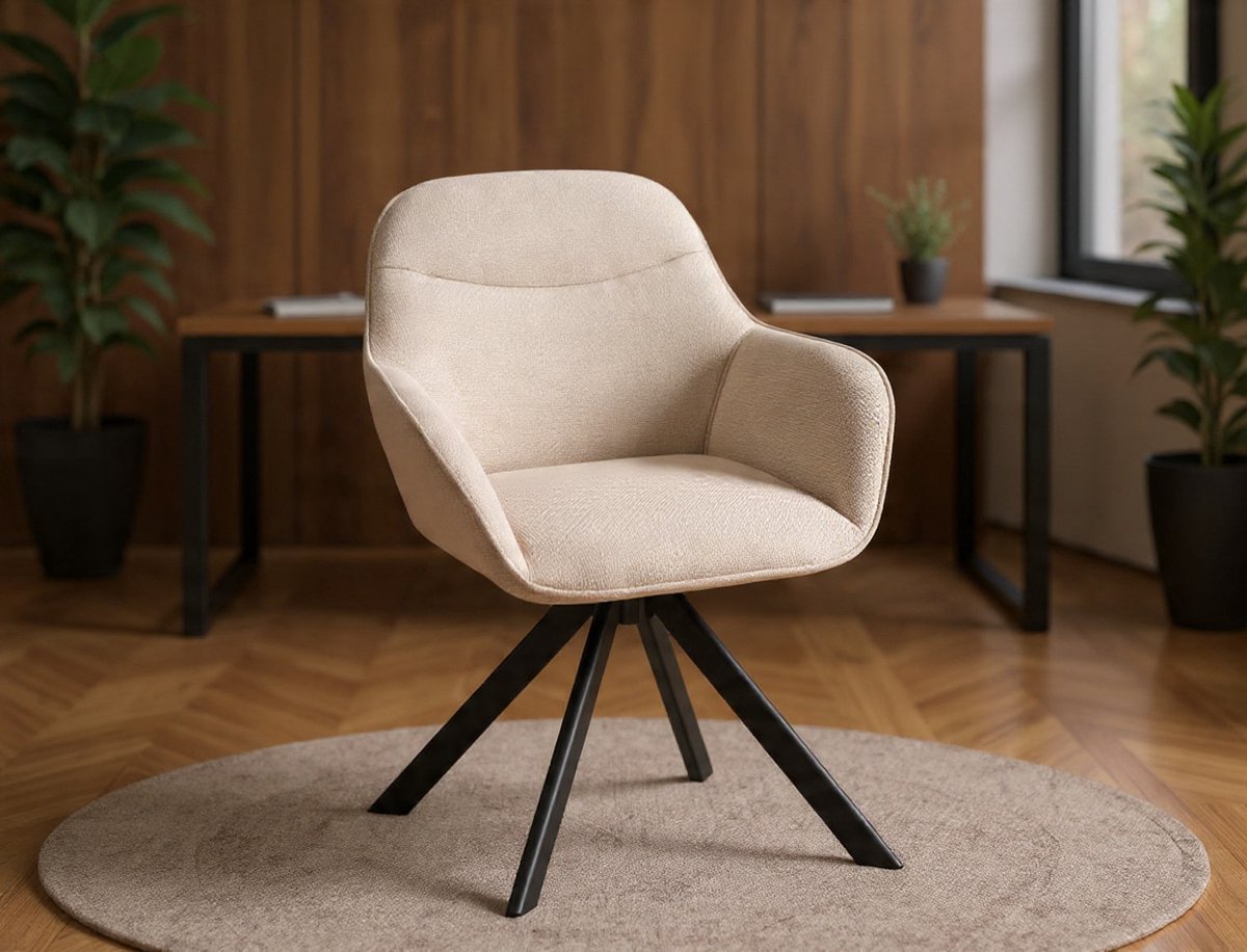 Draaibare eetkamerstoel, beige, met armleuningen, set van 2, draaibare eetkamerstoel, keukenstoel, gestoffeerde stoel van polyester met metalen poten en rugleuning voor eetkamer, keuken, kantoor - ...