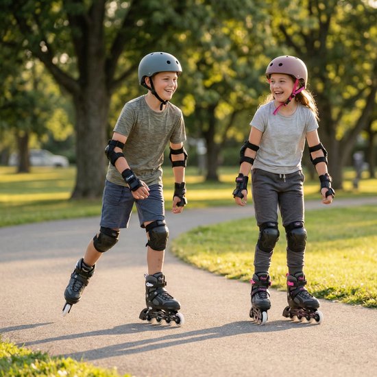 Jongen en meisje skeeleren met helm en bescherming in park