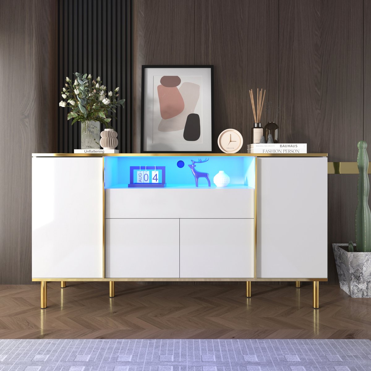 HAUSS SPOLE Dressoir – Hoogglans Wit Met Gouden Accenten En LED – 4 Deuren 1 Lade – Opbergruimte Voor Woonkamer En Slaapkamer – MDF/Spaanplaat – 150x40x80 cm