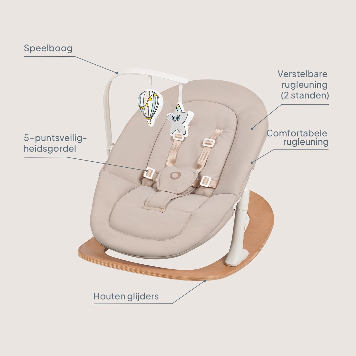 Lionelo Celia Rocker - Wipstoel Baby - Houten - 2 rugstanden - 5-puntsgordel - Speelboog met 2 speeltjes - Wood - Bouncer / Swing – foto 6