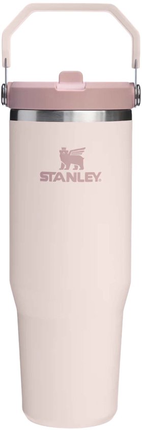 Stanley drinkfles in zachtroze met zilverkleurig logo en een draaghendel.