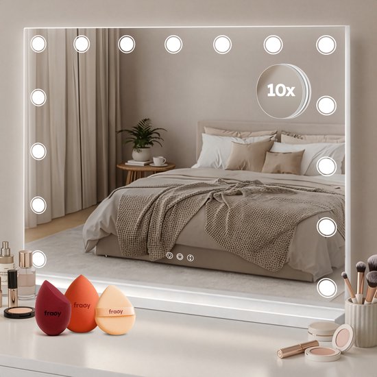 Fraay Hollywood Spiegel 60x50CM - met Beauty Blenders - 15x Led Lampen - 10x Vergroting - 3 Lichtstanden - Dimbaar - Smart Touch - Hollywood Spiegel met Verlichting - Spiegel met Verlichting - Make Up Spiegel - Visagie Spiegel - Vanity Mirror
