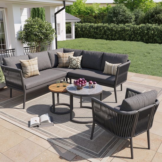 Sweiko Tuinset - Hoekbank - Fauteuil - 2 salontafels - Modulaire set - PE-rotan - Grijs