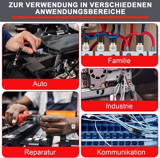 Vier afbeeldingen tonen het gebruik van de connectoren in auto's, huishoudelijke installaties, industrie en communicatie.