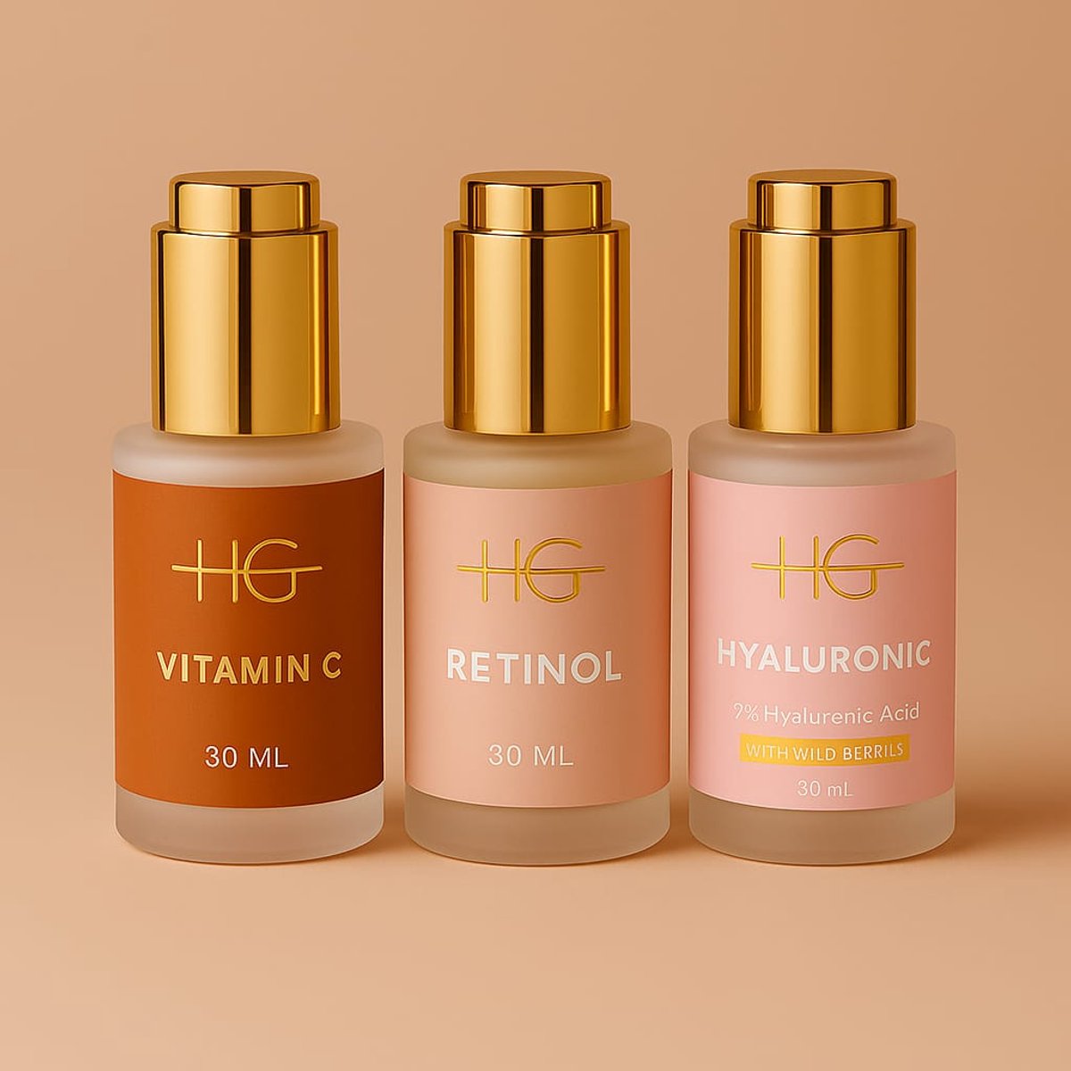 HG Aesthetics Het Ultieme Glow Serum Trio – Gezichtsverzorging met Hyaluronzuur, Retinol en Vitamine C – Complete Anti-Aging Set – Inclusief Luxe Opbergtasje